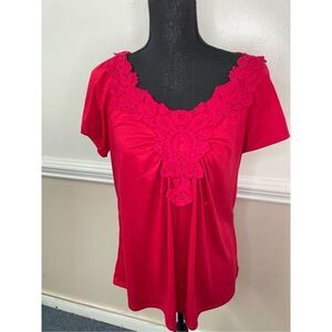 New Directions Red Short Sleeve Lace Blouse Size Medium